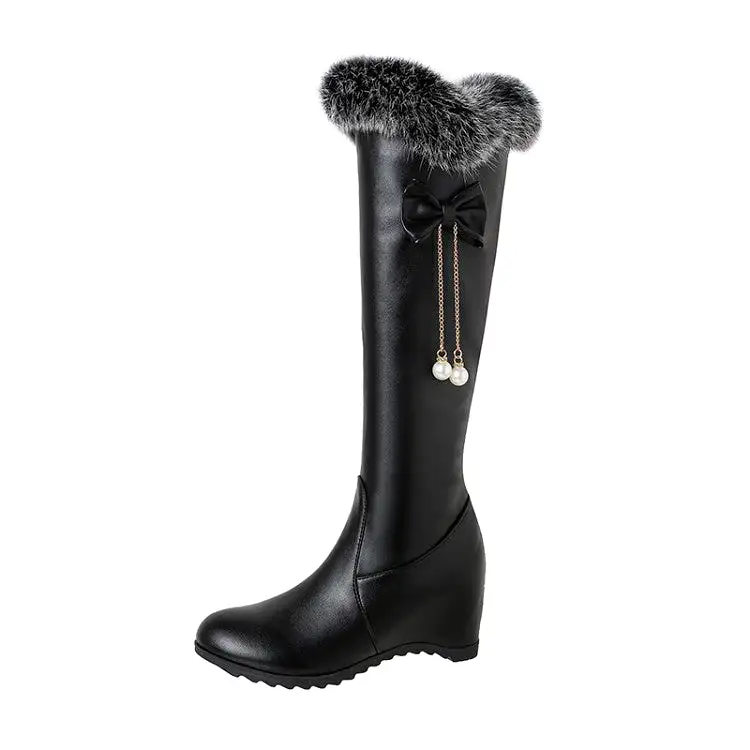 Women's Inside Heighten Wedge Heel Bow Tie Fur Knee-High Boots