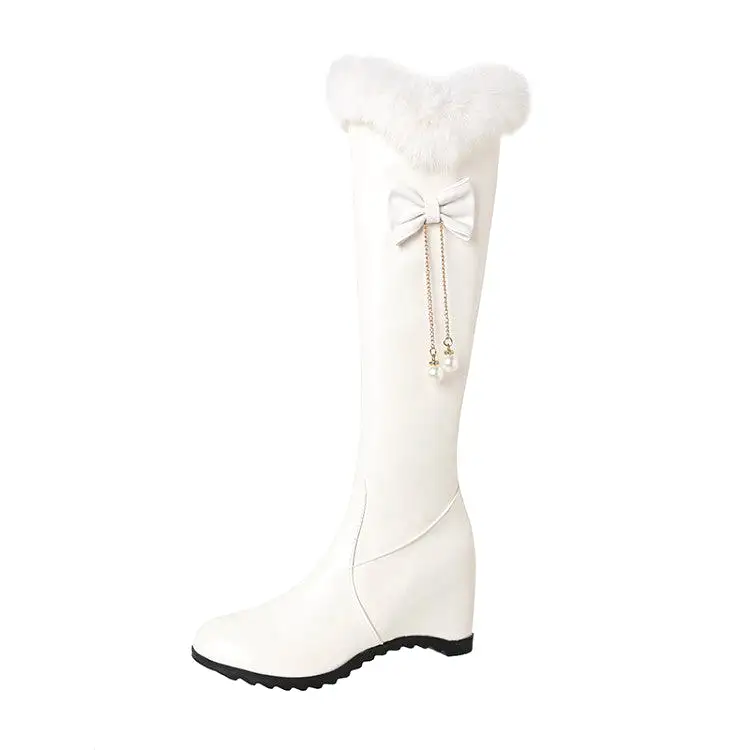 Women's Inside Heighten Wedge Heel Bow Tie Fur Knee-High Boots