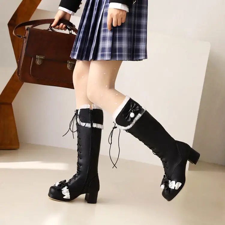 Women's Lace Bow Tie Block Chunky Heel Knee-High Boots