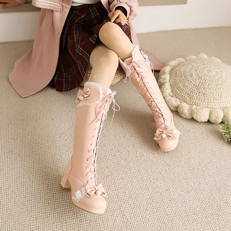 Women's Lace Bow Tie Block Chunky Heel Knee-High Boots