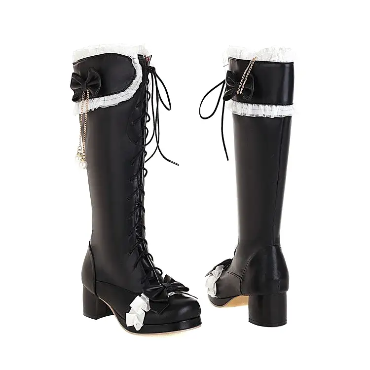 Women's Lace Bow Tie Pearls Tied Straps Block Chunky Heel Knee-High Boots