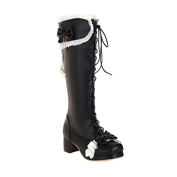 Women's Lace Bow Tie Pearls Tied Straps Block Chunky Heel Knee-High Boots