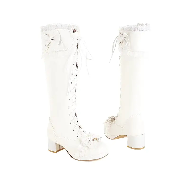 Women's Lace Bows Block Heel Platform Knee-High Boots