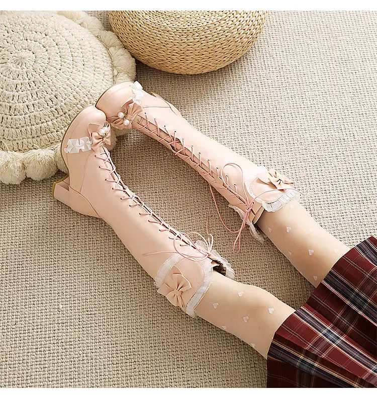 Women's Lace Bows Block Heel Platform Knee-High Boots