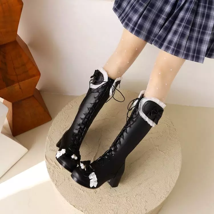 Women's Lace Bows Block Heel Platform Knee-High Boots