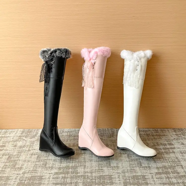 Women's Lace Fur Inside Heighten Wedge Heel Over-The-Knee Boots