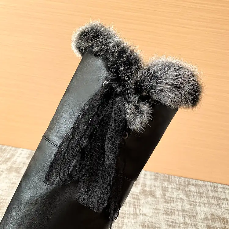 Women's Lace Fur Inside Heighten Wedge Heel Over-The-Knee Boots