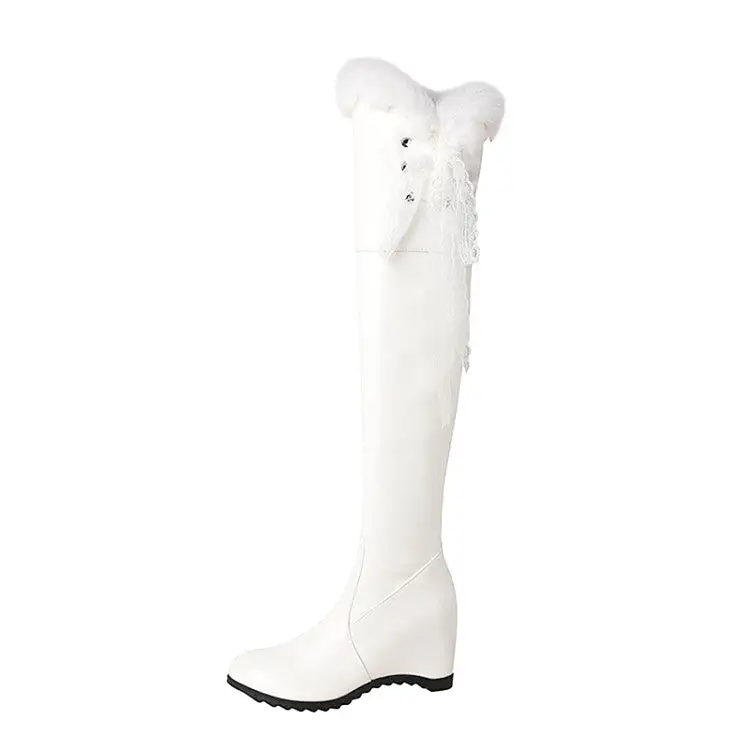 Women's Lace Fur Inside Heighten Wedge Heel Over-The-Knee Boots