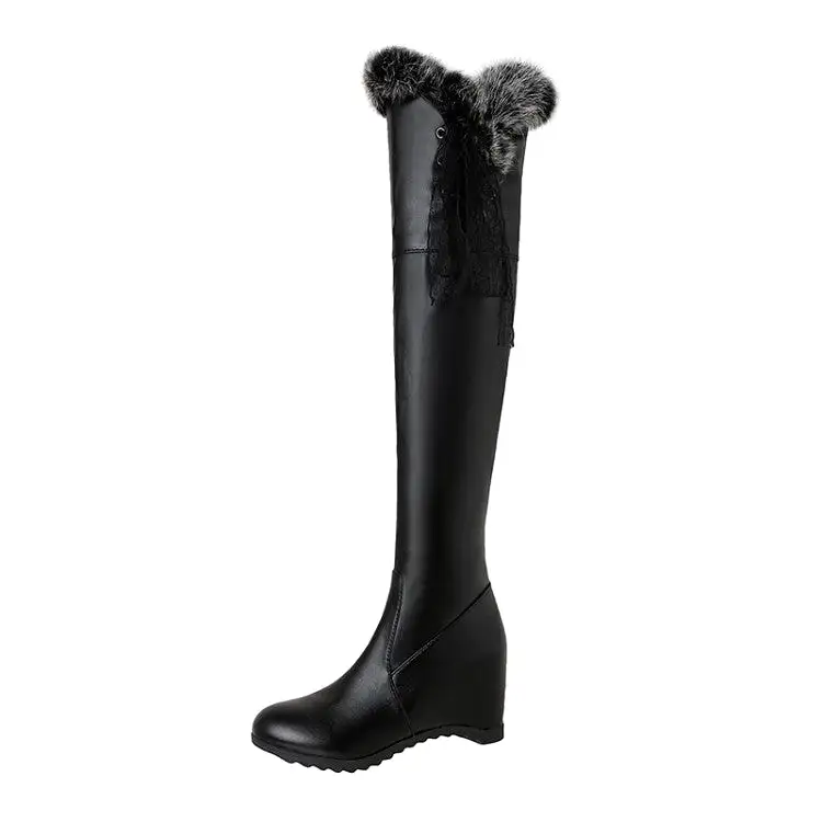 Women's Lace Fur Inside Heighten Wedge Heel Over-The-Knee Boots