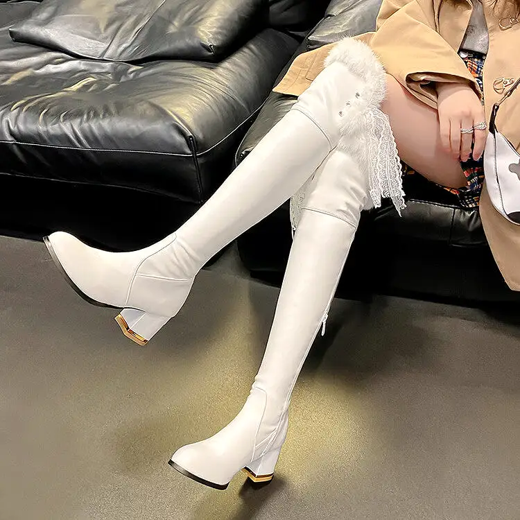 Women's Lace Furry Block Heel Over-The-Knee Boots