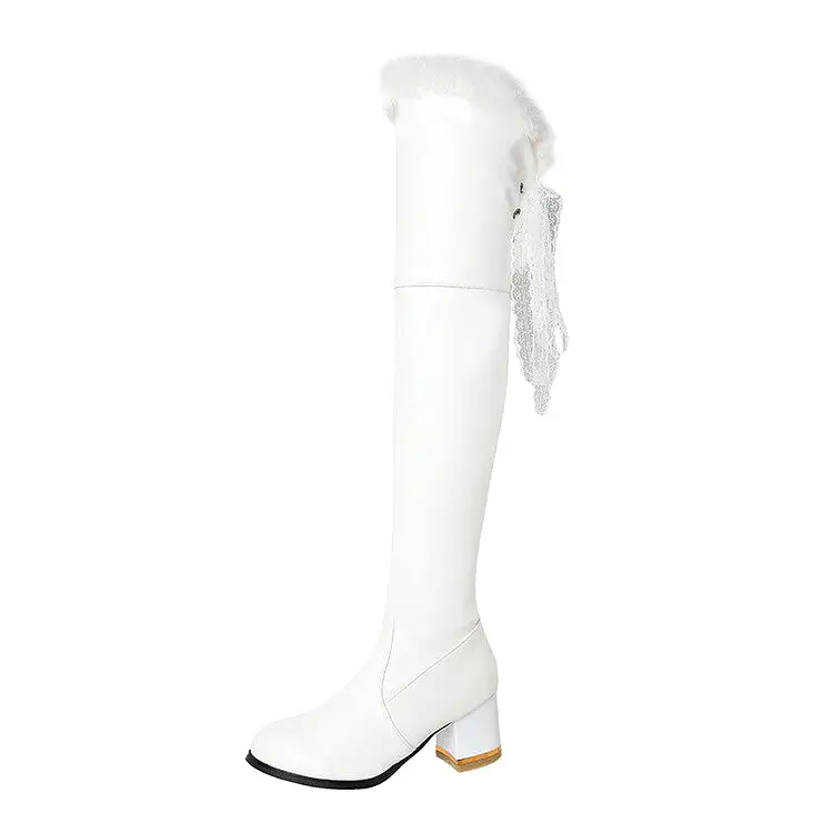 Women's Lace Furry Thick Heel Over-The-Knee Boots