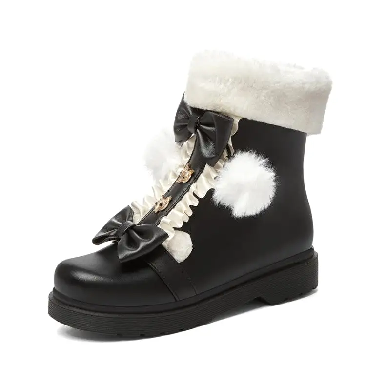 Women's Lolita Pu Leather Round Toe Lace Bow Tie Fur Ball Flat Platform Ankle Boots