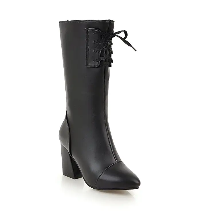 Women's Pointed Toe Lace-Up Block Chunky Heel Mid-Calf Boots