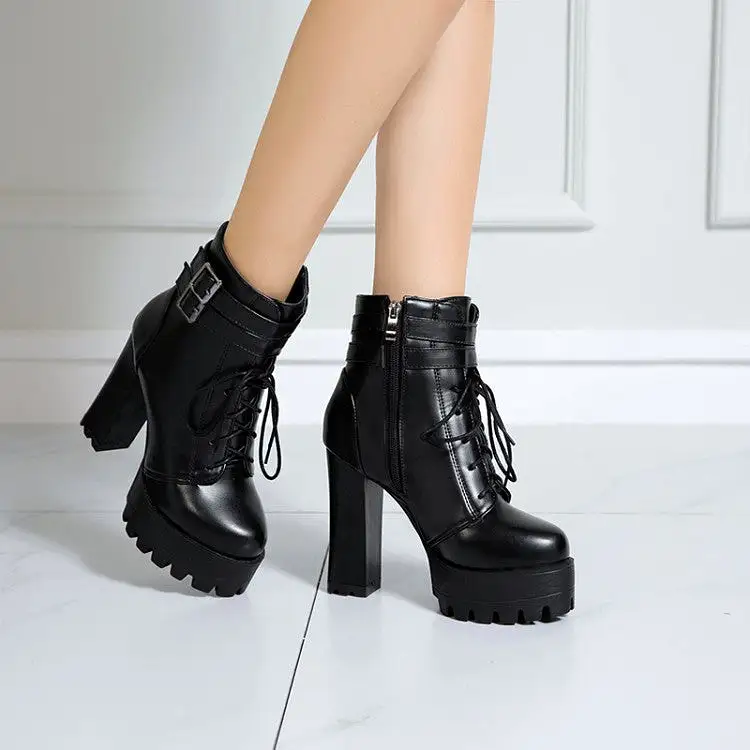 Women's Pu Leather Almond Toe Lace Up Buckle Straps Block Chunky Heel Platform Ankle Boots