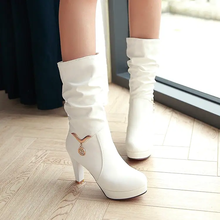 Women's Pu Leather Almond Toe Metal Rhinestone Pendants Block Chunky Heel Platform Mid Calf Boots