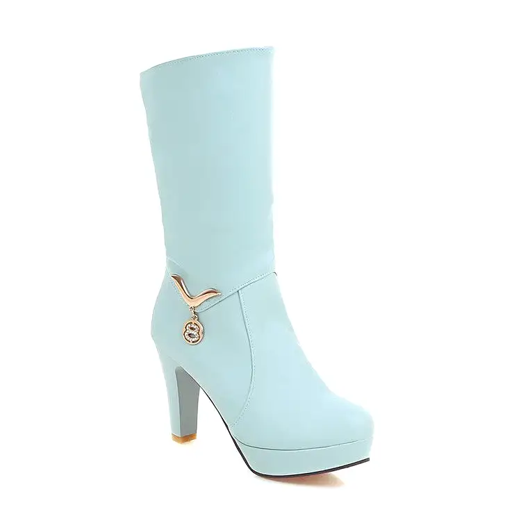 Women's Pu Leather Almond Toe Metal Rhinestone Pendants Block Chunky Heel Platform Mid Calf Boots