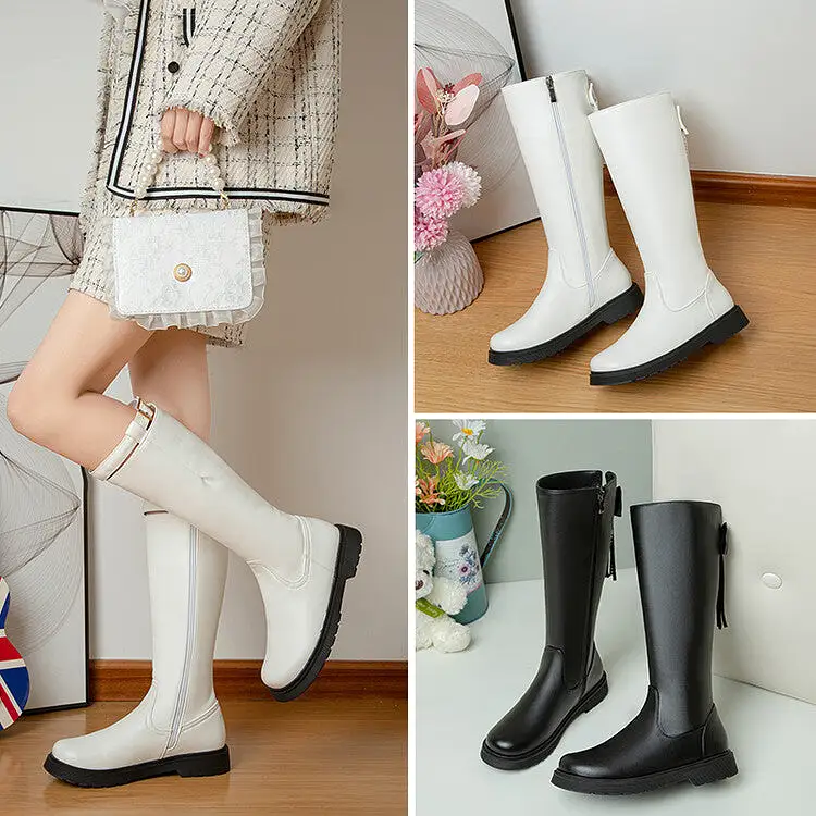 Women's Pu Leather Round Toe Back Bow Tie Flat Platform Mid Calf Boots