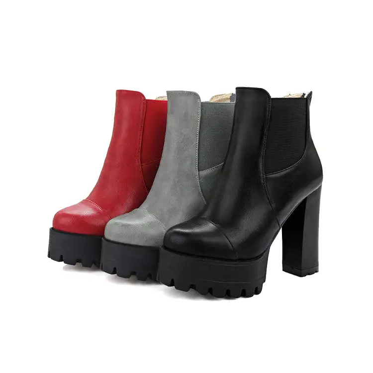 Women's Pu Leather Round Toe Back Zippers Block Chunky Heel Platform Ankle Boots