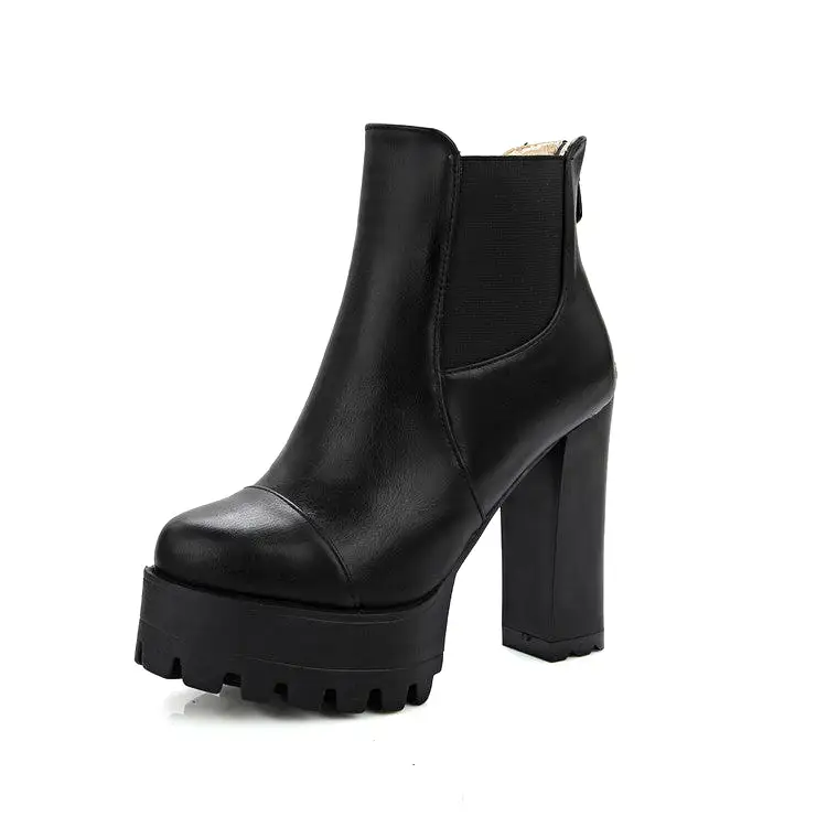 Women's Pu Leather Round Toe Back Zippers Block Chunky Heel Platform Ankle Boots