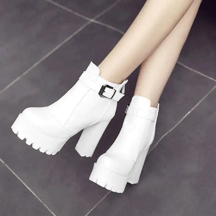 Women's Pu Leather Round Toe Buckle Straps Block Chunky Heel Platform Back Zippers Ankle Boots