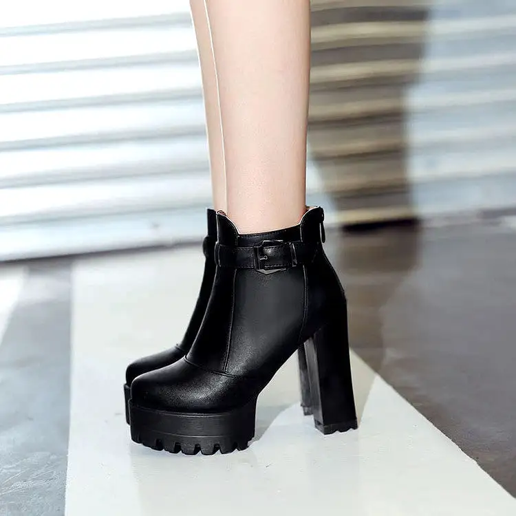 Women's Pu Leather Round Toe Buckle Straps Block Chunky Heel Platform Back Zippers Ankle Boots