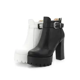 Women's Pu Leather Round Toe Buckle Straps Block Chunky Heel Platform Back Zippers Ankle Boots