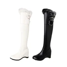 Women's Pu Leather Round Toe Fur Inside Heighten Wedge Heel Over-The-Knee Boots