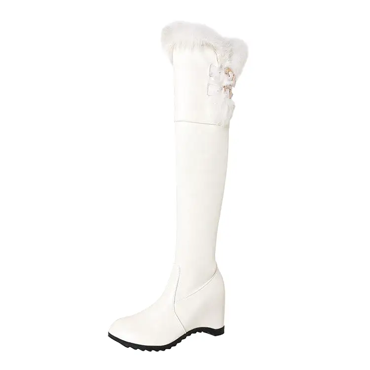 Women's Pu Leather Round Toe Fur Inside Heighten Wedge Heel Over-The-Knee Boots