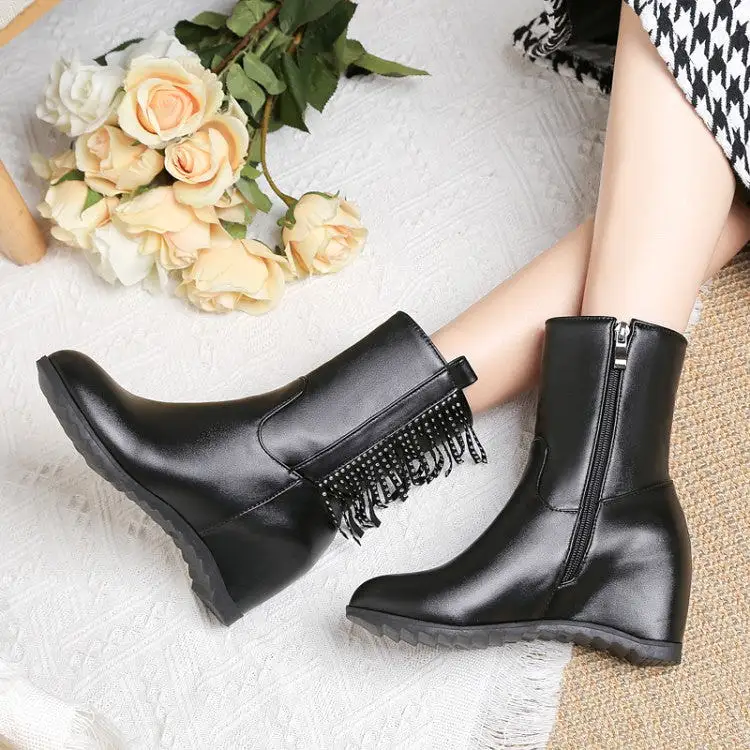 Women's Pu Leather Round Toe Inside Heighten String Bead Tassel Wedge Heel Ankle Boots