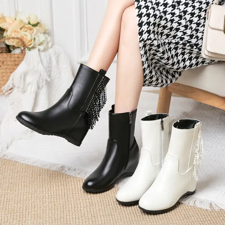 Women's Pu Leather Round Toe Inside Heighten String Bead Tassel Wedge Heel Ankle Boots