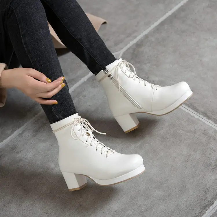 Women's Pu Leather Round Toe Lace Up Side Zippers Block Chunky Heel Platform Ankle Boots