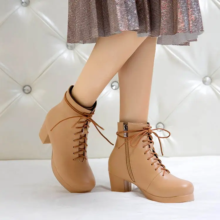 Women's Pu Leather Round Toe Lace Up Side Zippers Block Chunky Heel Platform Ankle Boots