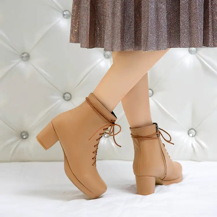 Women's Pu Leather Round Toe Lace Up Side Zippers Block Chunky Heel Platform Ankle Boots