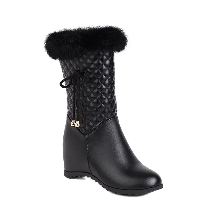 Women's Pu Leather Round Toe Lattice Fur Side Zippers Inside Heighten Mid Calf Boots