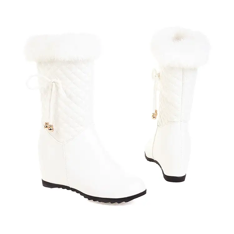 Women's Pu Leather Round Toe Lattice Fur Side Zippers Inside Heighten Mid Calf Boots