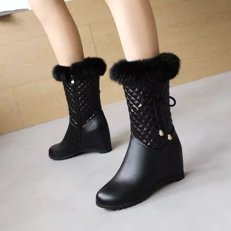 Women's Pu Leather Round Toe Lattice Fur Side Zippers Inside Heighten Mid Calf Boots