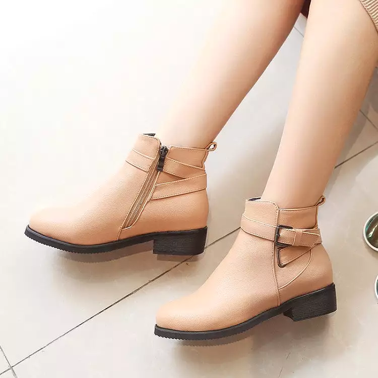 Women's Pu Leather Round Toe Side Zippers Buckle Straps Block Chunky Heel Ankle Boots