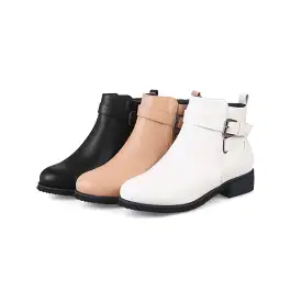 Women's Pu Leather Round Toe Side Zippers Buckle Straps Block Chunky Heel Ankle Boots