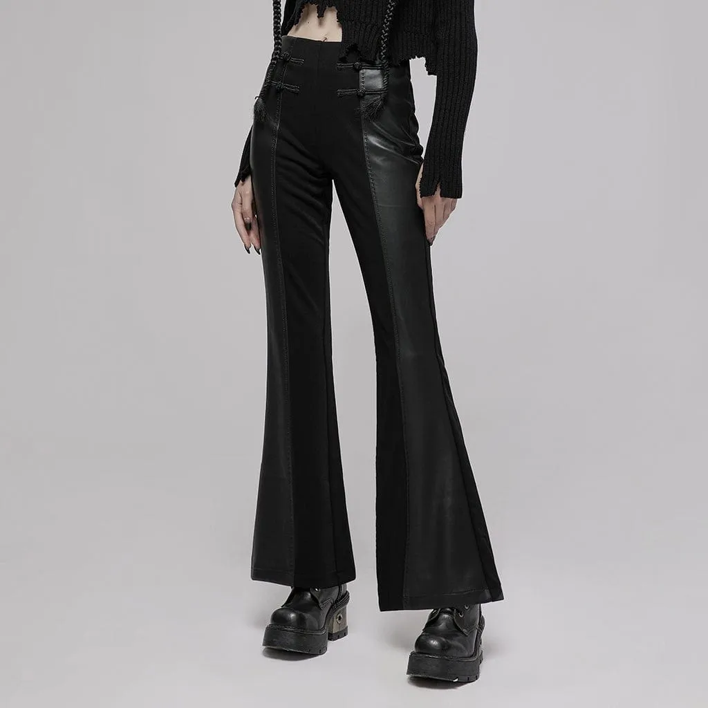 Women's Punk Spliced Faux Leather High-waisted Flared Pants