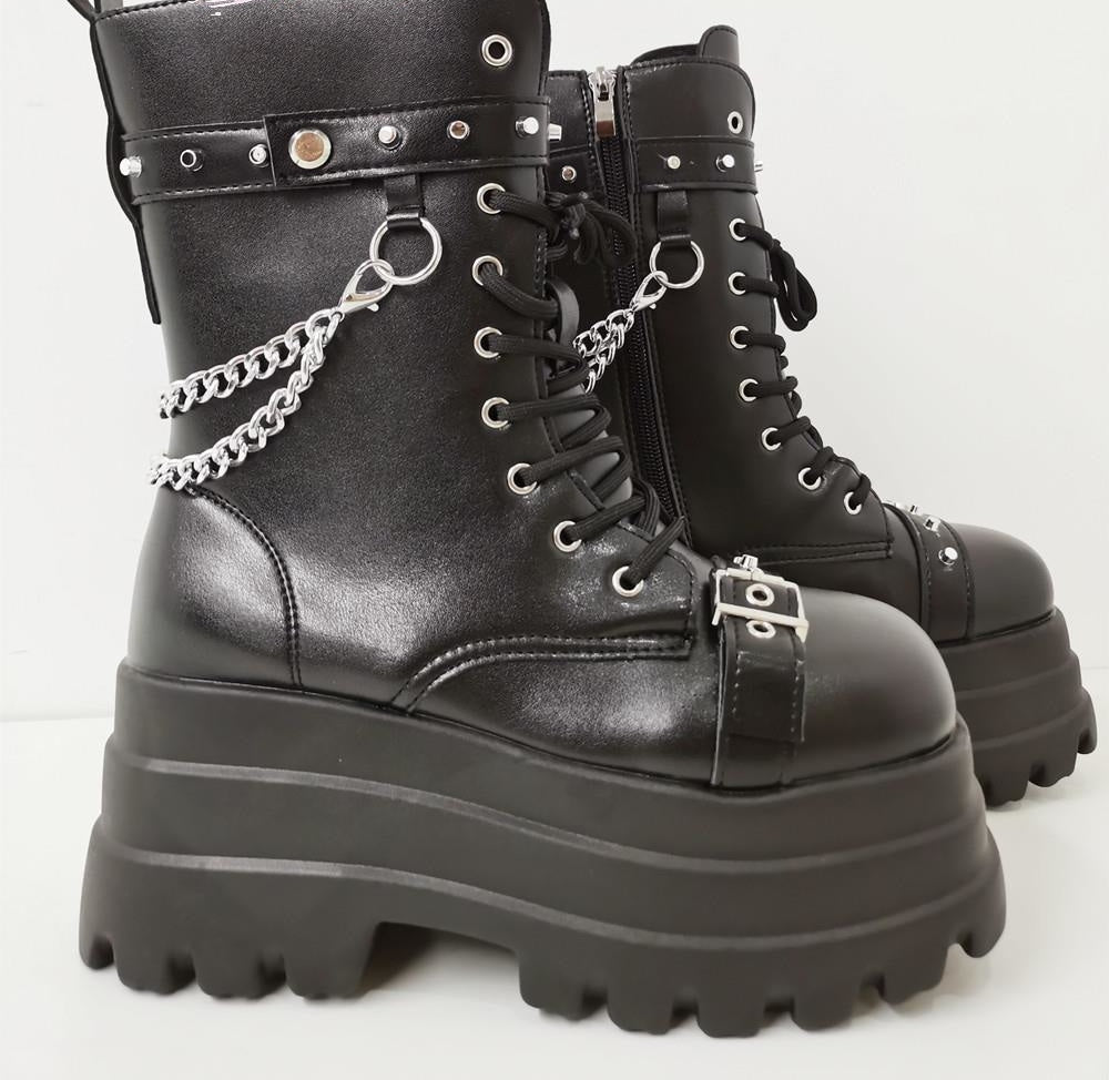 Women's Punk Style Zip Chain Lace Up High Heel Motorcycle Ankle Boots