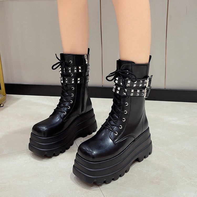 Women's Punk Style Zip Chain Lace Up High Heel Motorcycle Ankle Boots