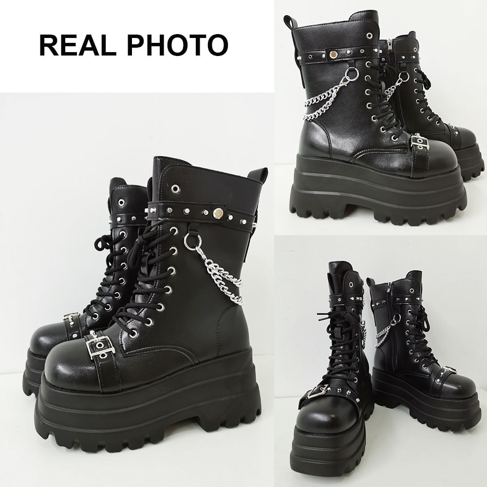 Women's Punk Style Zip Chain Lace Up High Heel Motorcycle Ankle Boots