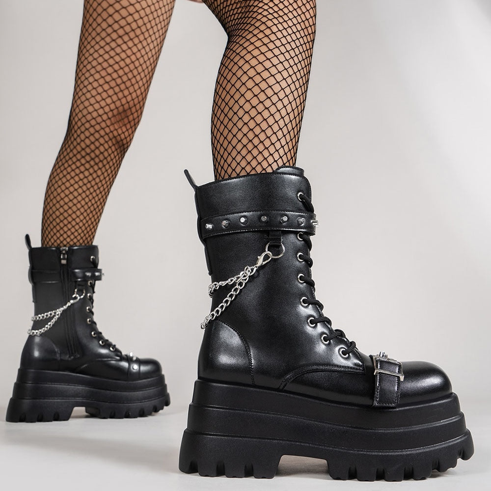 Women's Punk Style Zip Chain Lace Up High Heel Motorcycle Ankle Boots