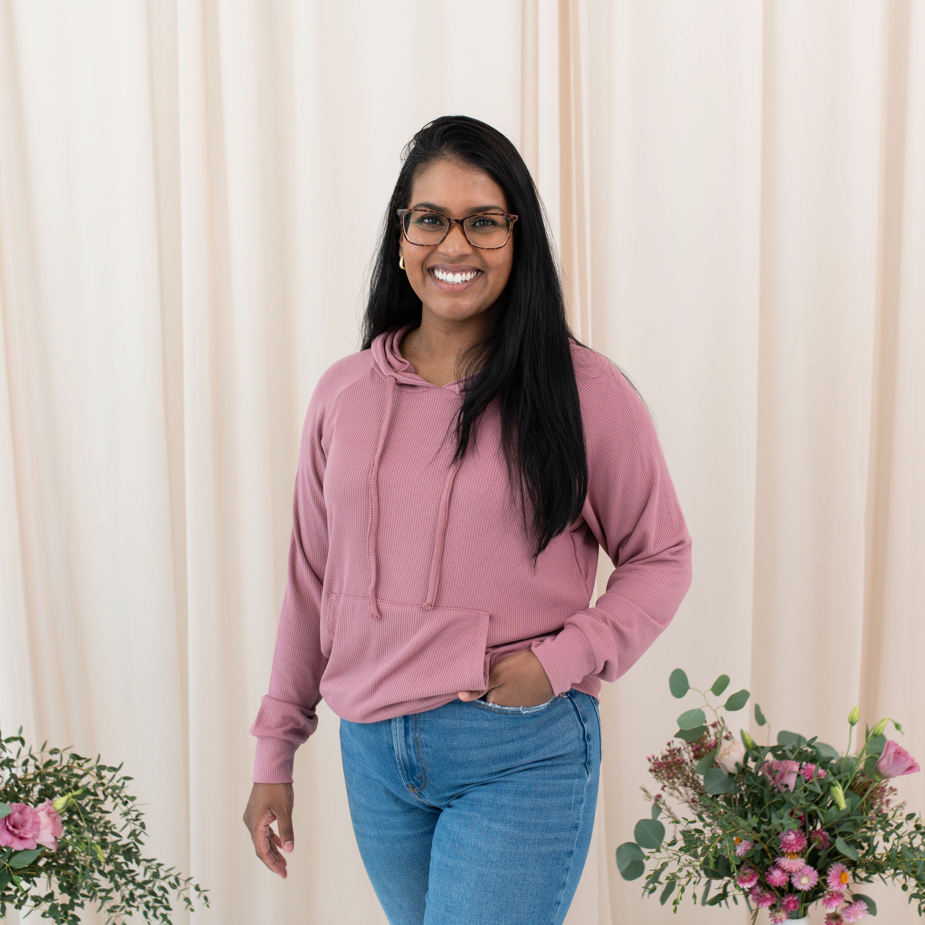 Women's Ribbed Hoodie in Dusty Rose