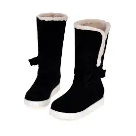 Women's Round Toe Bow Tie Fold Flat Platform Mid-Calf Boots