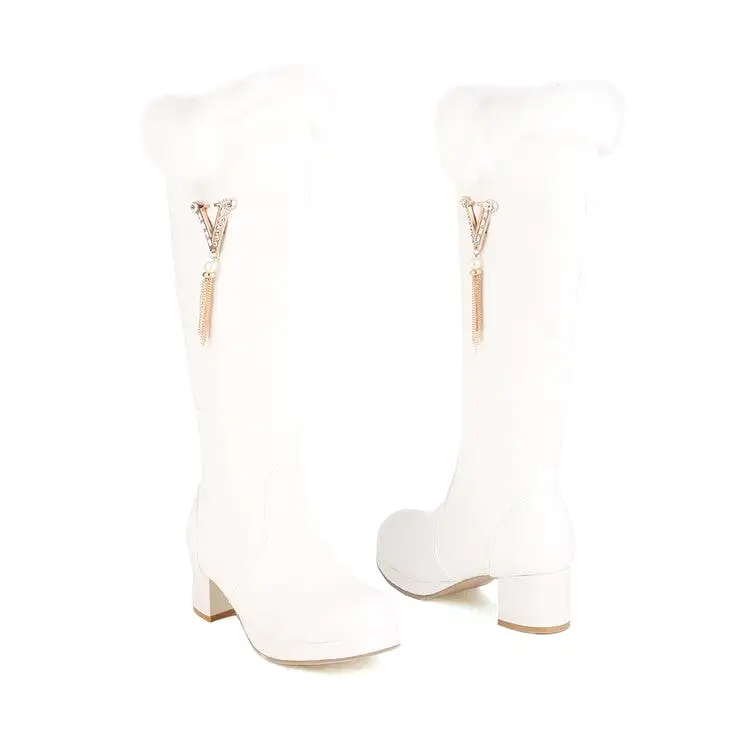 Women's Round Toe Fur Block Chunky Heel Platform Knee-High Boots