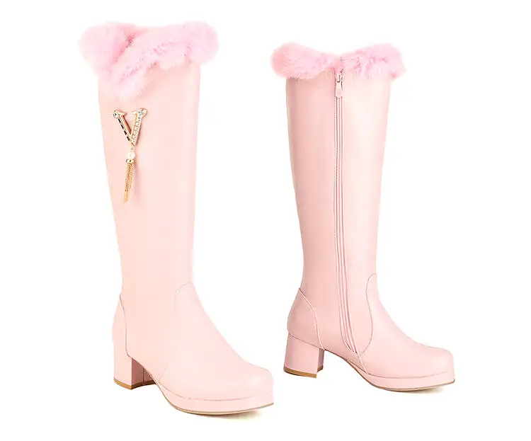 Women's Round Toe Fur Block Chunky Heel Platform Knee-High Boots