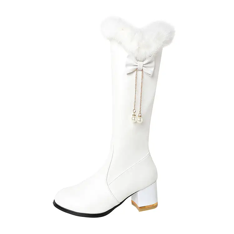 Women's Round Toe Fur Tube Block Chunky Heel Knee-High Boots