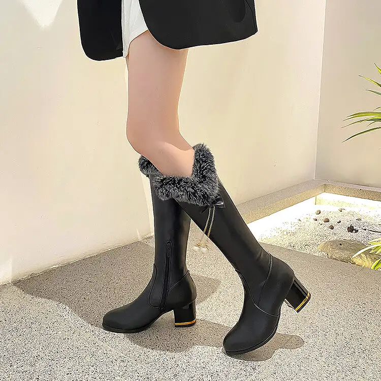 Women's Round Toe Fur Tube Block Chunky Heel Knee-High Boots