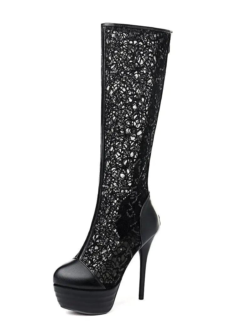 Women's Round Toe Lace Back Zippers Stiletto Heel Platform Mid-Calf Boots